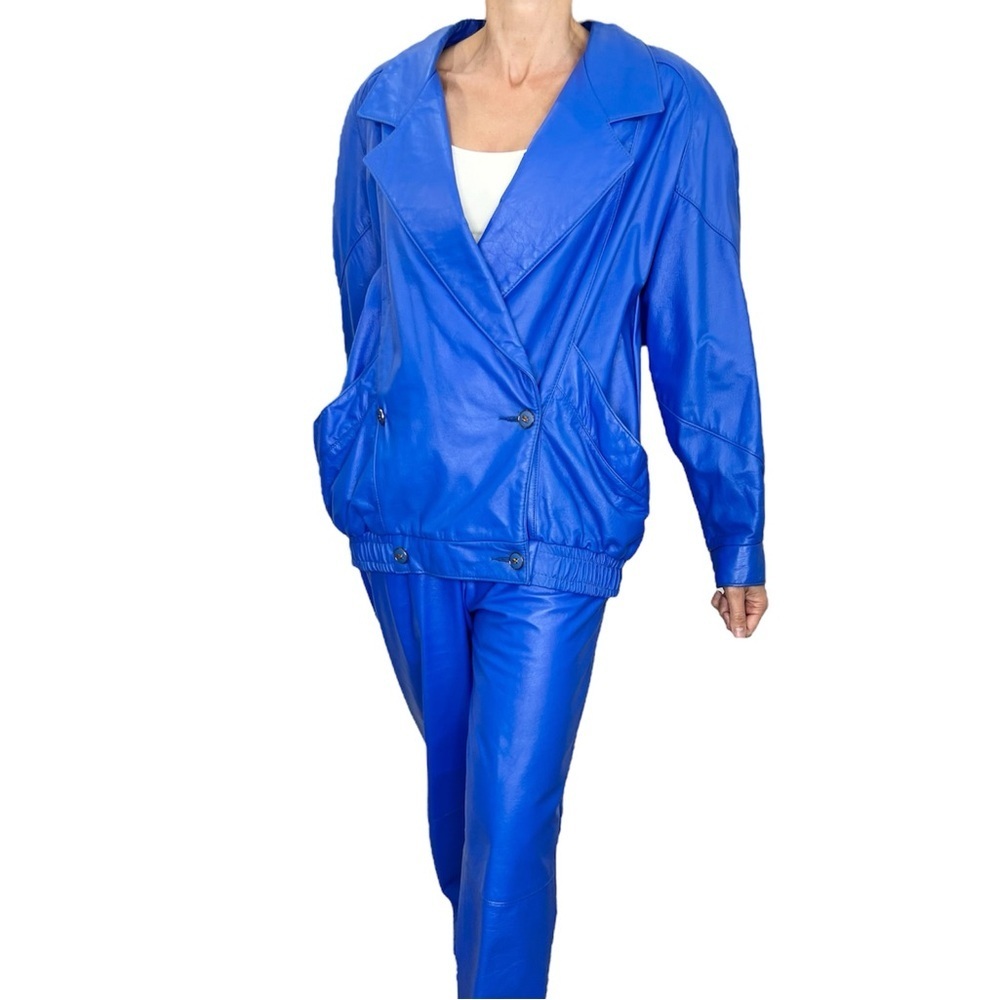 Vintage 80s genuine leather blue padded shoulder batwing bomber pant suit set 14